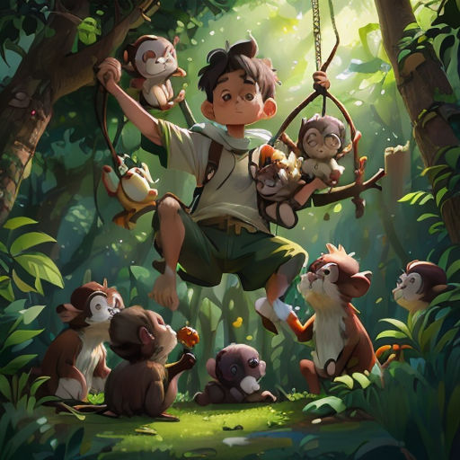 a boy swinging on a swing with monkeys and other animals in the jungle behind him, in a digital painting