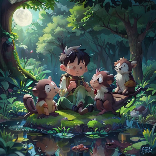 a boy sitting on a log with some animals in the woods by a pond of water and a full moon