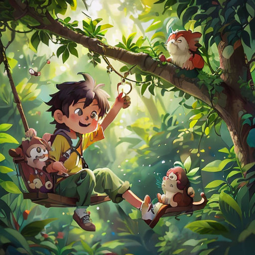 a boy sitting on a swing in the jungle with stuffed animals on it and a monkey hanging from the tree