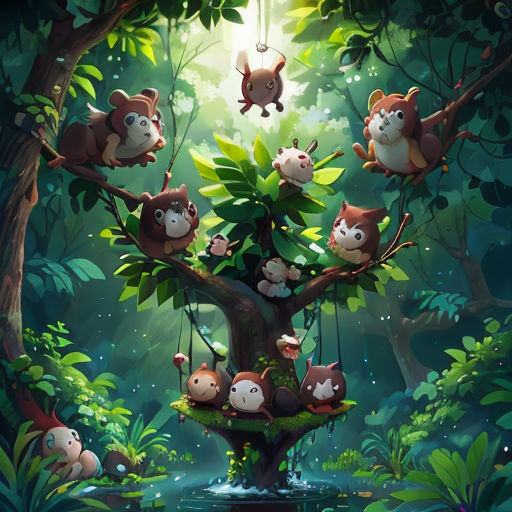 a group of monkeys hanging from a tree in a forest with a pond and a forest floor below it