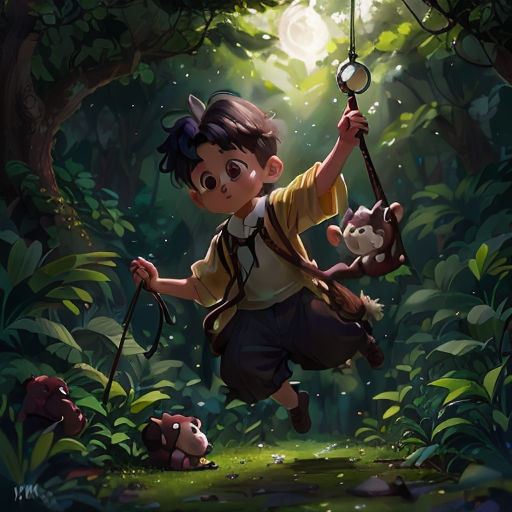 a boy is holding a light in the forest with a monkey on a stick and a monkey on a stick