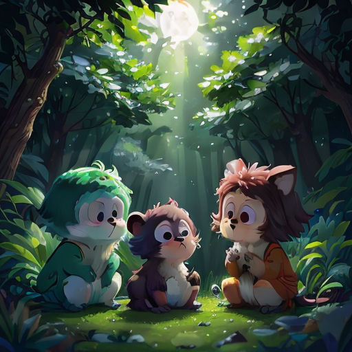 a couple of animals sitting in the middle of a forest under a light beam with trees and grass around them