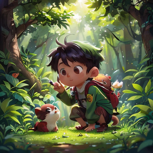 a boy kneeling down in the forest with a dog and a squirrel on his lap and pointing at him