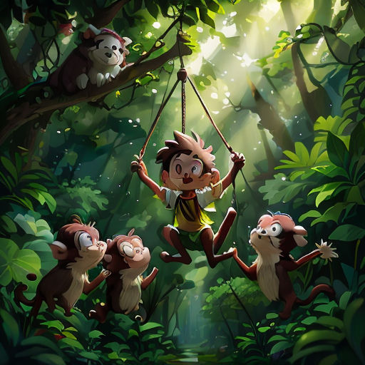 a boy swinging on a rope in the jungle with monkeys and a cat in the background, with a light beam coming from the ceiling