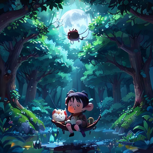 a girl sitting on a swing in the forest with a cat and a mouse in her lap, with a full moon in the background