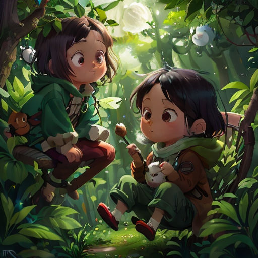 two children in the woods with a cat and a bear on their backs, one of them is looking at the other