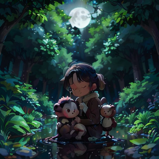 a girl holding a teddy bear in a forest with a full moon in the background and a pond of water