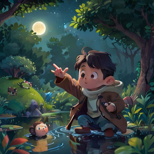 a boy is sitting in the water and pointing at a frog in the distance with a full moon in the background