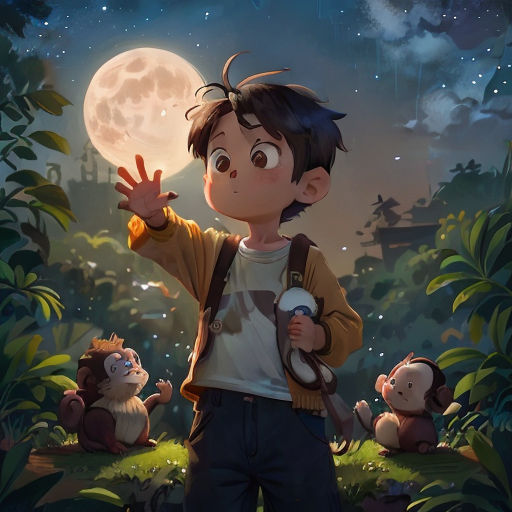 a boy holding a bottle in front of a full moon with monkeys in the background and a sky full of stars