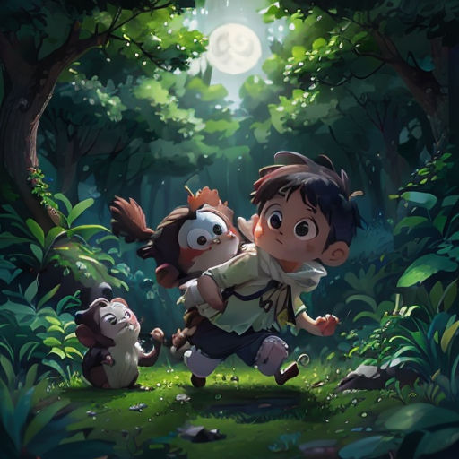 a boy and a girl are in the woods with a dog and a cat on their backs, and a full moon is in the background