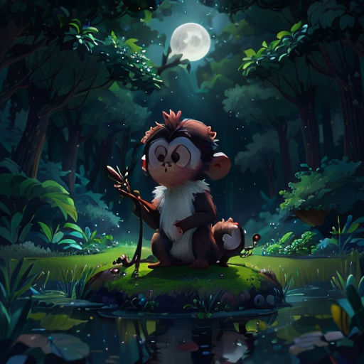 a monkey sitting on a grass field next to a forest with a full moon in the background and a pond