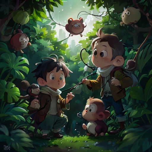 a group of children in the jungle with monkeys hanging from the trees and a man holding a stick with a monkey on it