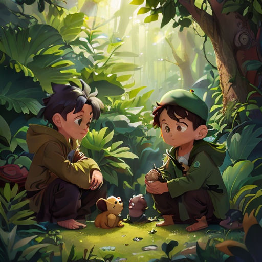 two children sitting in the woods with a teddy bear and a forest background with trees and plants and a forest scene