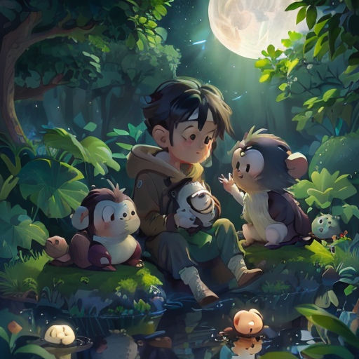 a boy sitting on a tree with three stuffed animals in front of him and a full moon in the background