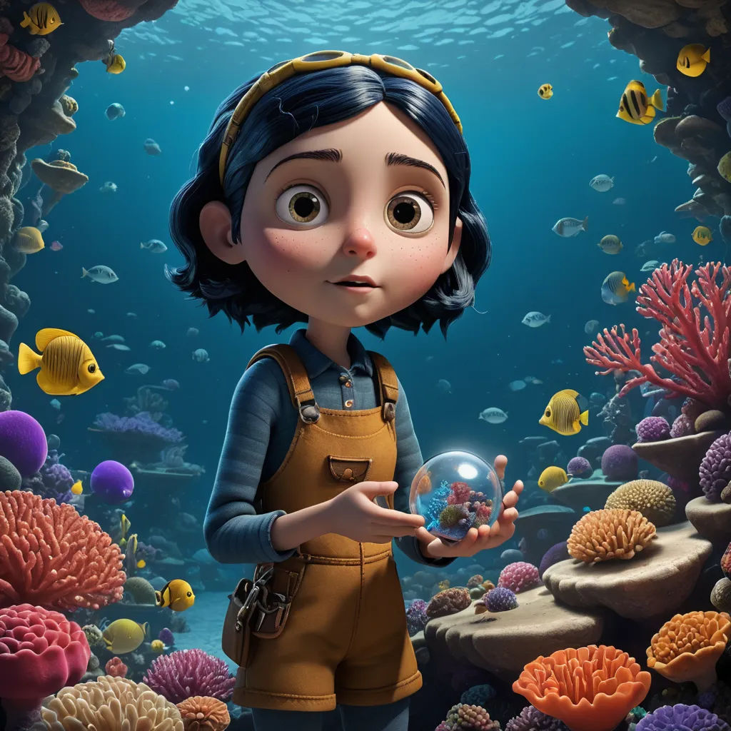 a cartoon character holding a crystal ball in a coral reef with a fish in it's mouth and a fish in its hand, visual art, poster art, Cliff Childs, promotional image