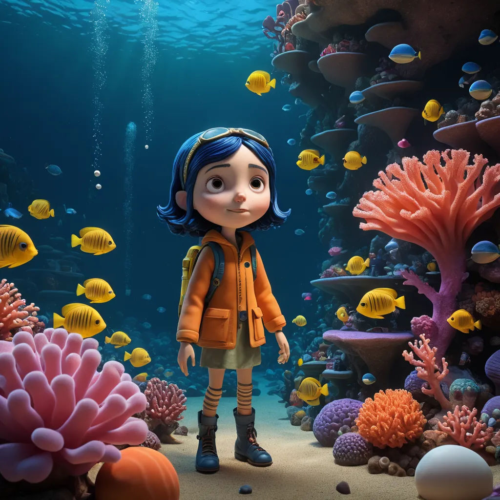 a cartoon character standing in front of a coral reef with fish and corals around her, in a scene from coral reef, environmental art, a detailed matte painting, Cliff Childs, promotional image