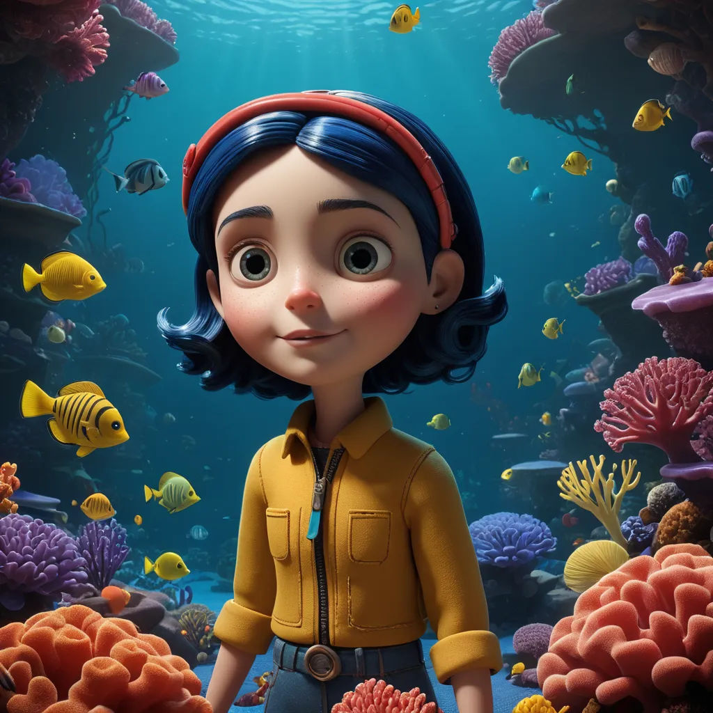a cartoon character is standing in front of a coral reef with fish and corals around her head and a yellow shirt, photorealism, a character portrait, Diego Gisbert Llorens, promotional image