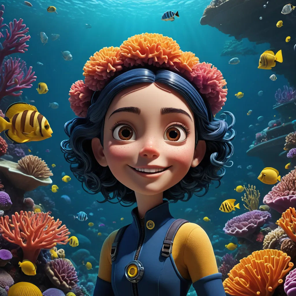a cartoon character is standing in front of a coral reef with fish and corals on it's sides, photorealism, a character portrait, Cliff Childs, promotional image