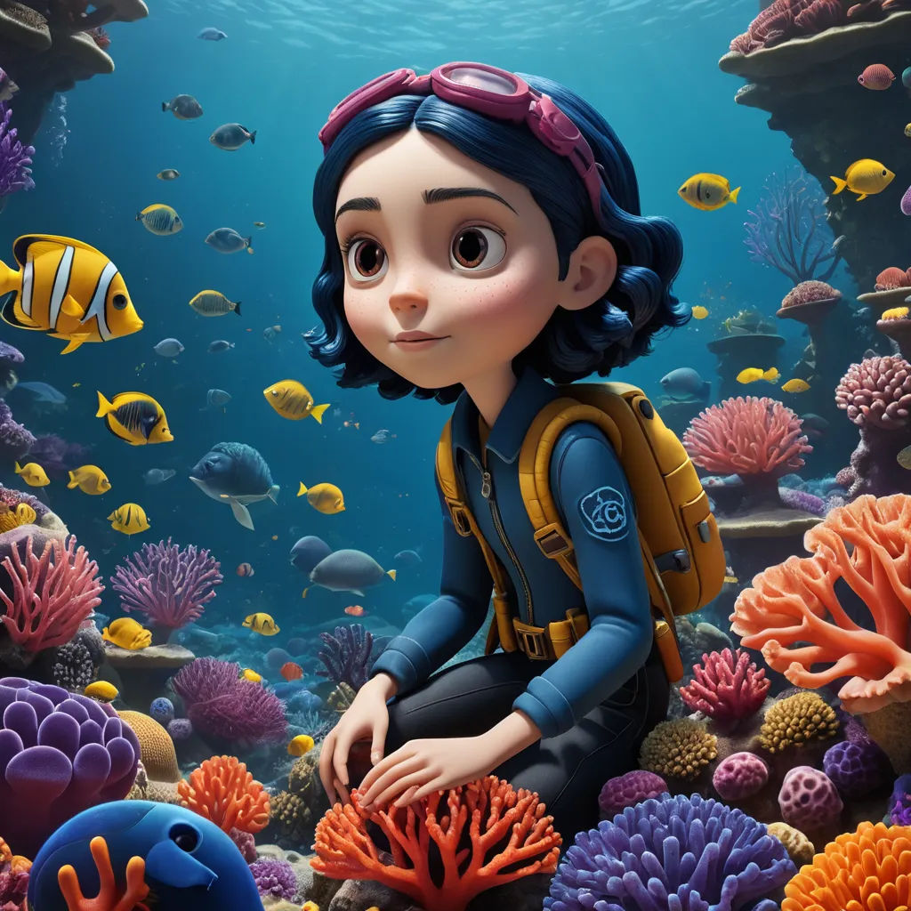 a cartoon character sitting on a coral reef with a school of fish in the background and a diver in the foreground, photorealism, a character portrait, Cliff Childs, promotional image