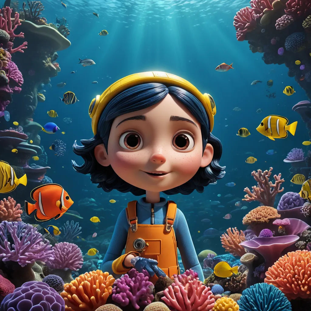 a cartoon character is standing in the ocean with a fish and corals around him and a scuba diver, visual art, poster art, Cliff Childs, promotional image