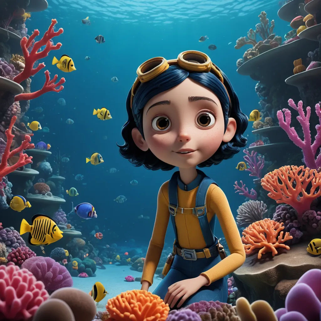 a cartoon character is sitting on a coral reef with a fish in the background and a fish in the foreground, photorealism, poster art, Cliff Childs, promotional image