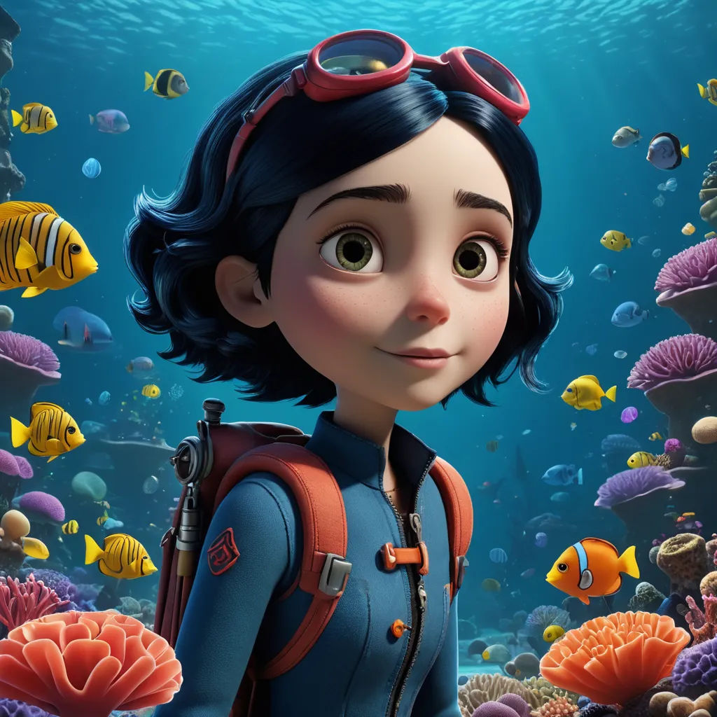 a cartoon character with a backpack and goggles on, standing in front of a coral reef with fish, photorealism, a character portrait, Cliff Childs, promotional image