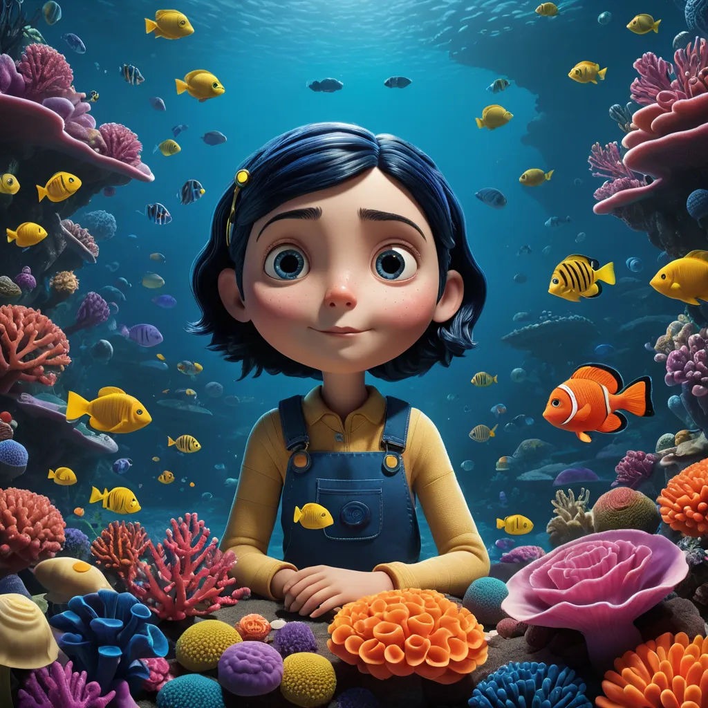 a cartoon character is standing in front of a coral reef with fish and corals around him, with a blue background, fantastic realism, an ambient occlusion render, Cliff Childs, promotional image