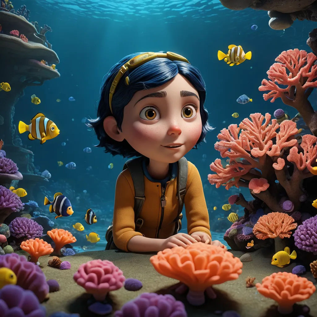 a cartoon character is sitting in a coral reef with fish and corals around him, looking at the camera, photorealism, a character portrait, Cliff Childs, promotional image