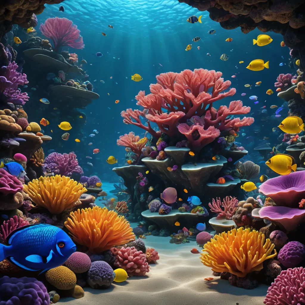 a colorful coral reef with fish and corals under water with sunlight coming through the water's surface, photorealism, a detailed matte painting, Chris LaBrooy, pixar and disney animation