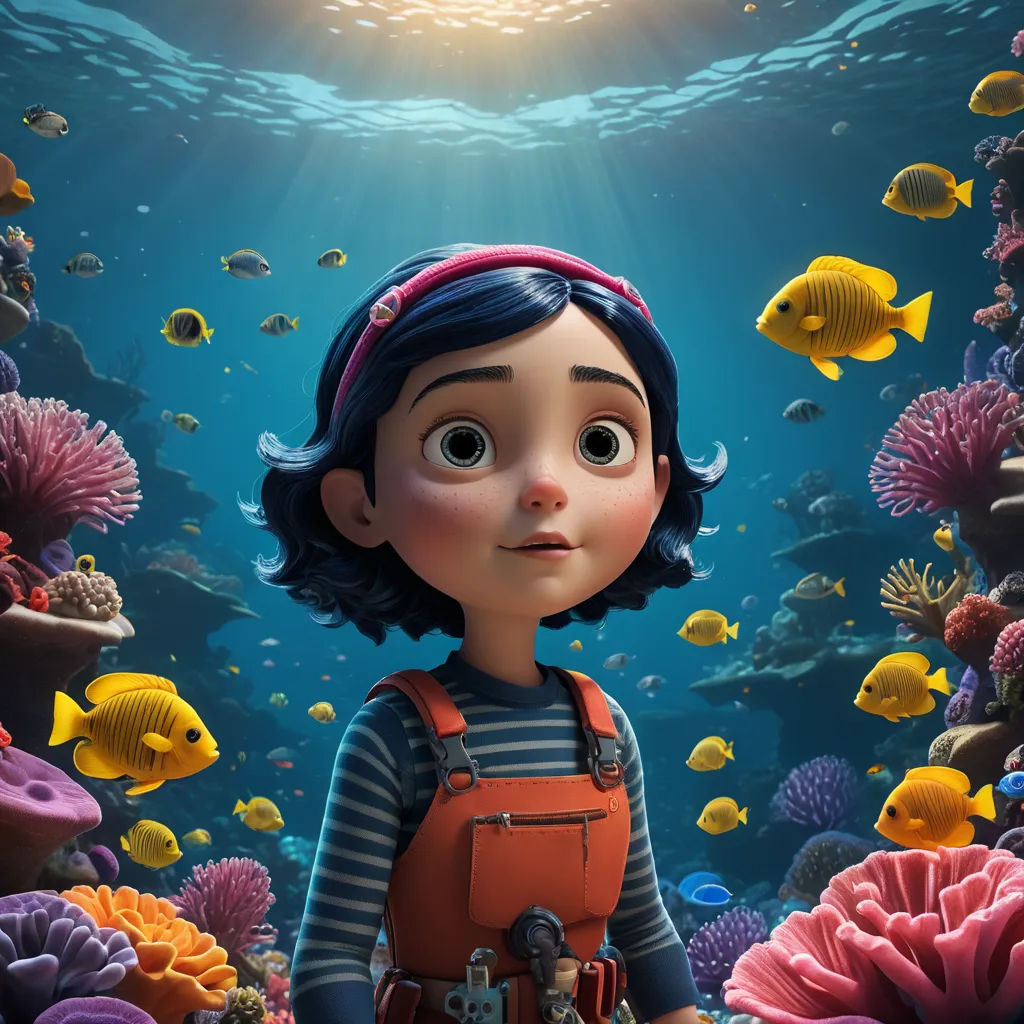 a cartoon character standing in front of a coral reef with fish and sun shining down on her head and a fish in the water, photorealism, an ambient occlusion render, Cliff Childs, promotional image