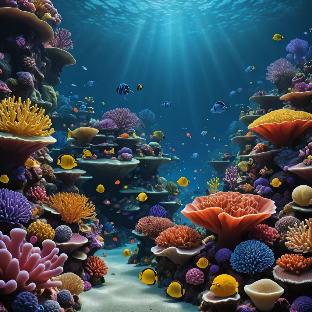 a painting of a coral reef with a fish and corals in the water and sunlight streaming through the water, photorealism, a detailed matte painting, Chris LaBrooy, underwater