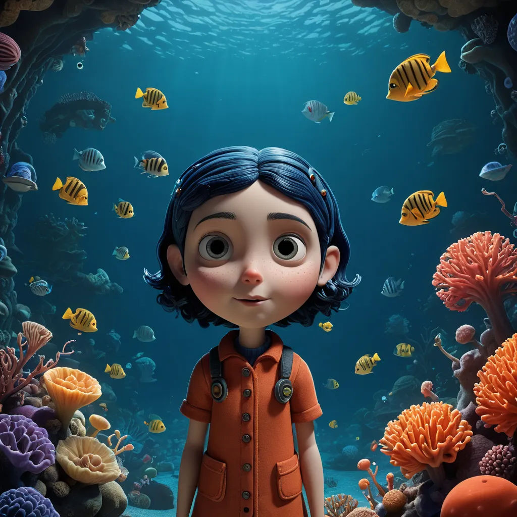 a cartoon character standing in front of a coral reef with fish around him and a fish in the water, pop surrealism, an ambient occlusion render, Cliff Childs, promotional image