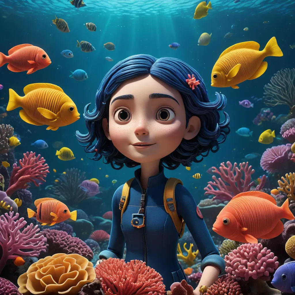 a cartoon girl is standing in a coral reef with fish and corals around her, looking at the camera, photorealism, an ambient occlusion render, Cliff Childs, promotional image