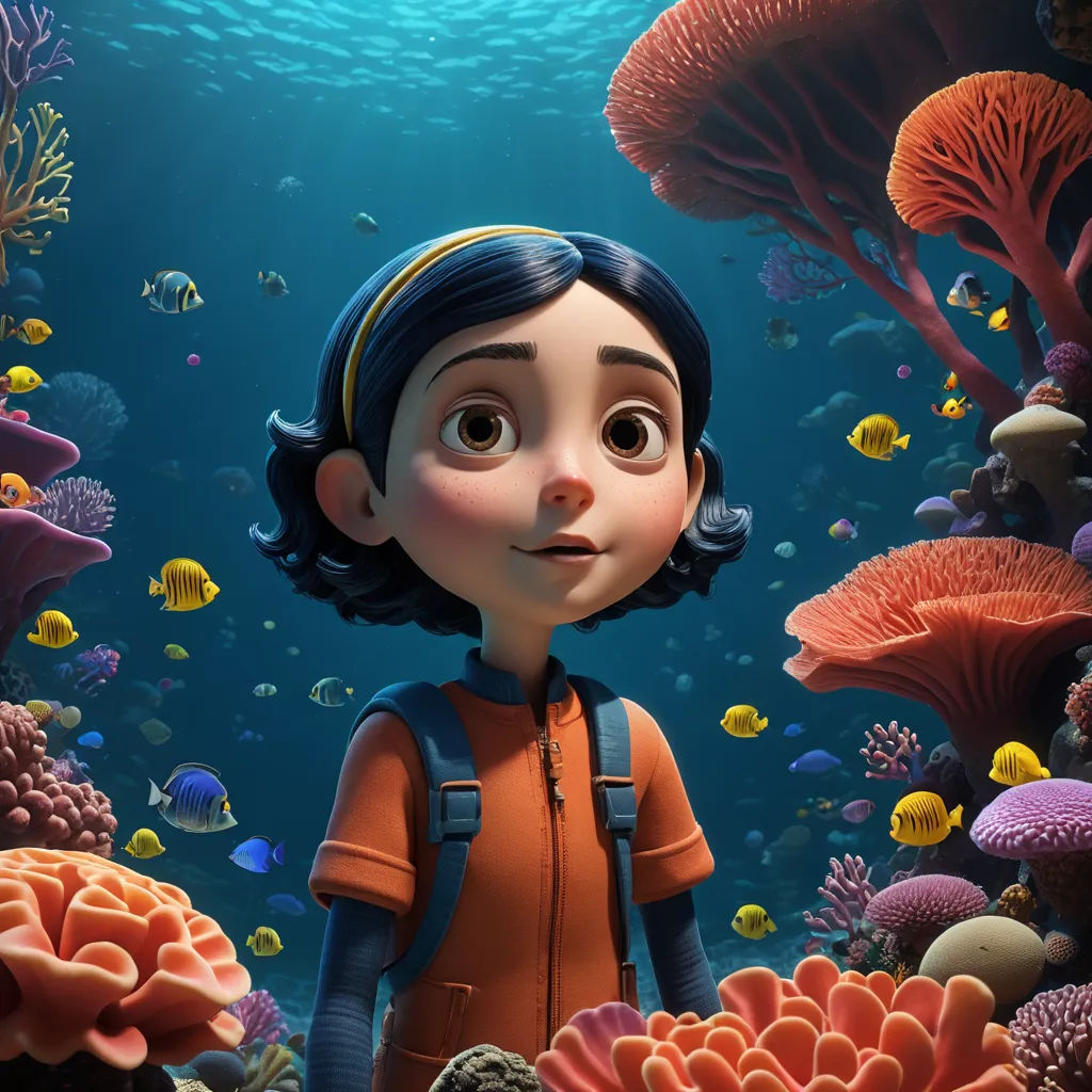 a cartoon character is standing in a coral reef with a backpack on his shoulder and a fish in his mouth, photorealism, an ambient occlusion render, Cliff Childs, promotional image
