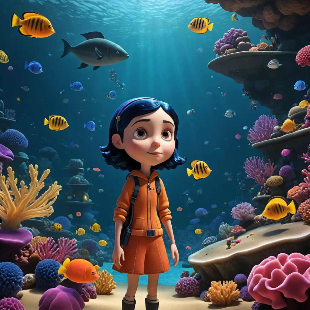 a cartoon character standing in front of a coral reef with fish and corals around him, in a scene from the animated movie coral reef, photorealism, an ambient occlusion render, Cliff Childs, promotional image