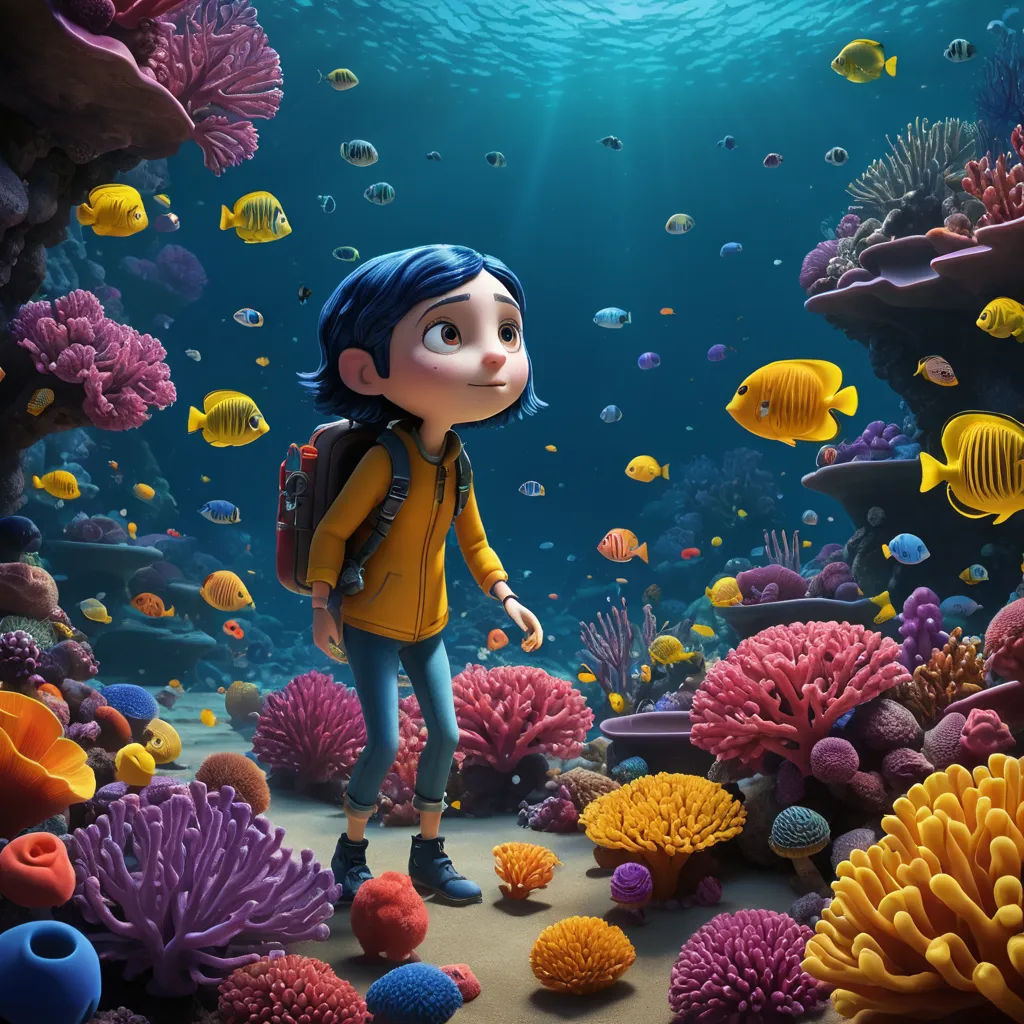 a cartoon character standing in a coral reef with a backpack on his back and a school bag on his shoulder, environmental art, computer graphics, Diego Gisbert Llorens, promotional image