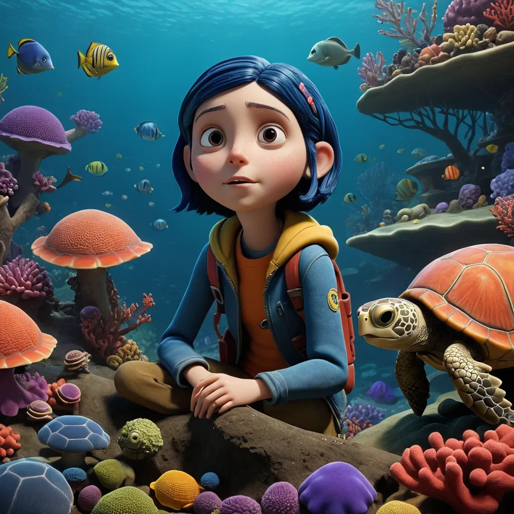 a cartoon character sitting on a rock with a turtle in the background and a coral reef in the foreground, environmental art, poster art, Cliff Childs, promotional image