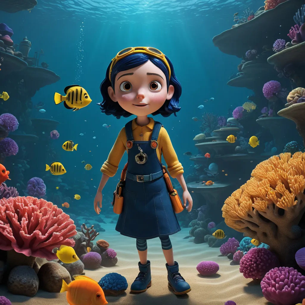 a cartoon character standing in front of a coral reef with fish and corals around her, in a scene from the animated movie coral reef, environmental art, poster art, Cliff Childs, promotional image