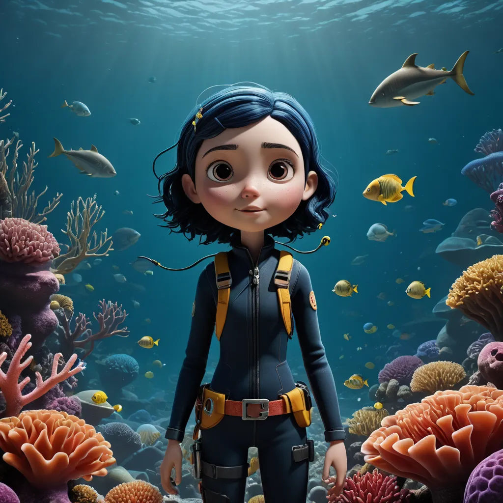 a cartoon character standing in front of a coral reef with fish and corals around her, with a scuba suit on, photorealism, computer graphics, Cliff Childs, promotional image