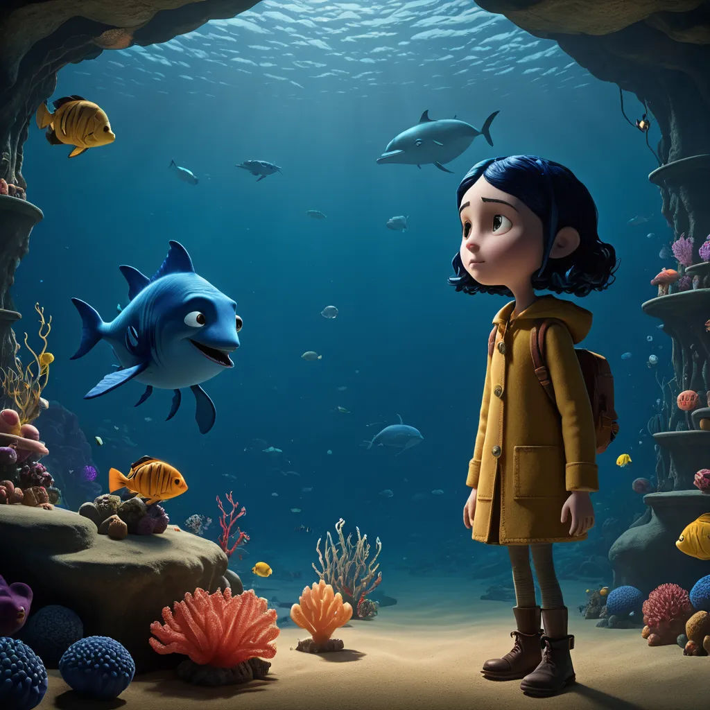 a girl standing in front of a fish cave with a shark and other fish in the background, with a man looking at her, visual art, a storybook illustration, Cliff Childs, promotional image