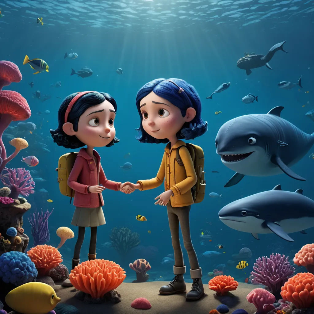 a couple of people standing in front of a large aquarium with sharks and other animals around them and a light shining on the water, paris school, poster art, Cliff Childs, promotional image