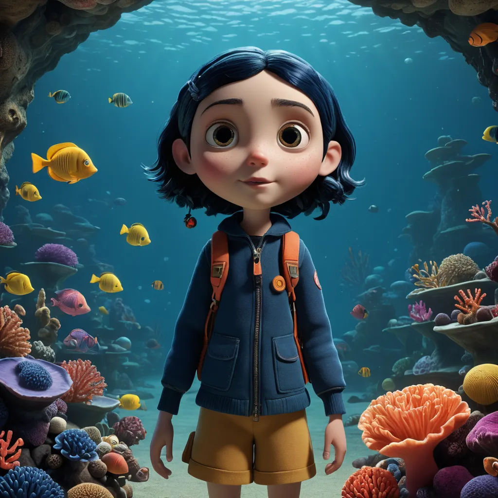 a cartoon character standing in front of a coral reef with fish and corals around him, in a scene from the animated movie coral, photorealism, a character portrait, Cliff Childs, promotional image