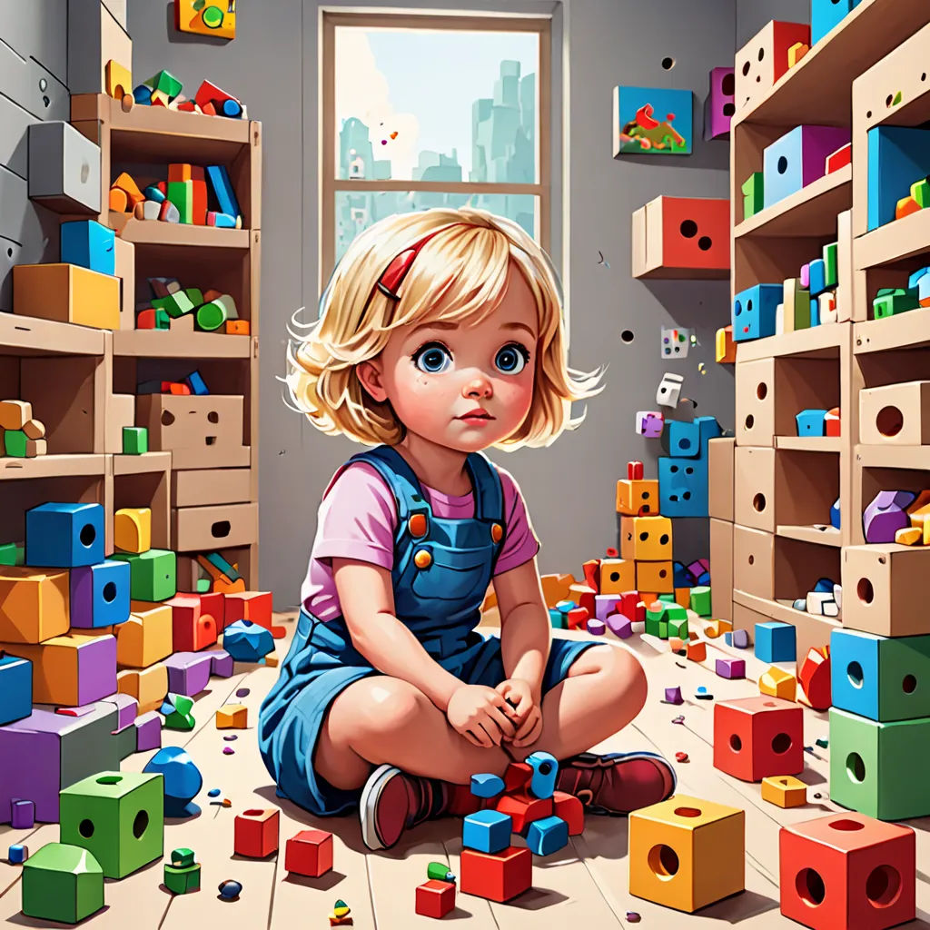 a little girl sitting on the floor surrounded by toys in a room with a window and a bookcase, a storybook illustration, highly detailed digital painting, photorealism, Aaron Jasinski
