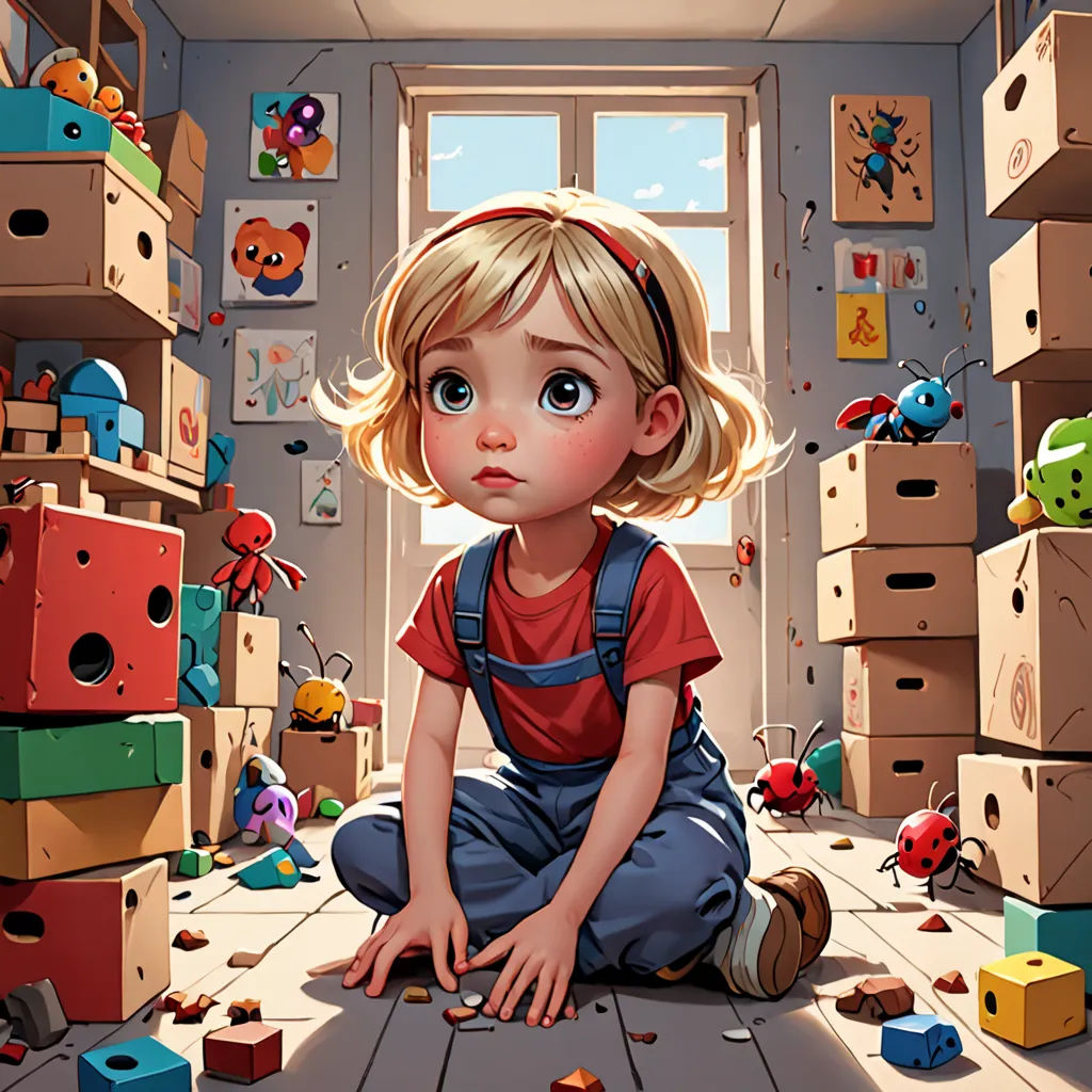 a little girl sitting on the floor surrounded by boxes and toys in a room with a window and a door, a storybook illustration, rossdraws global illumination, photorealism, Chris LaBrooy