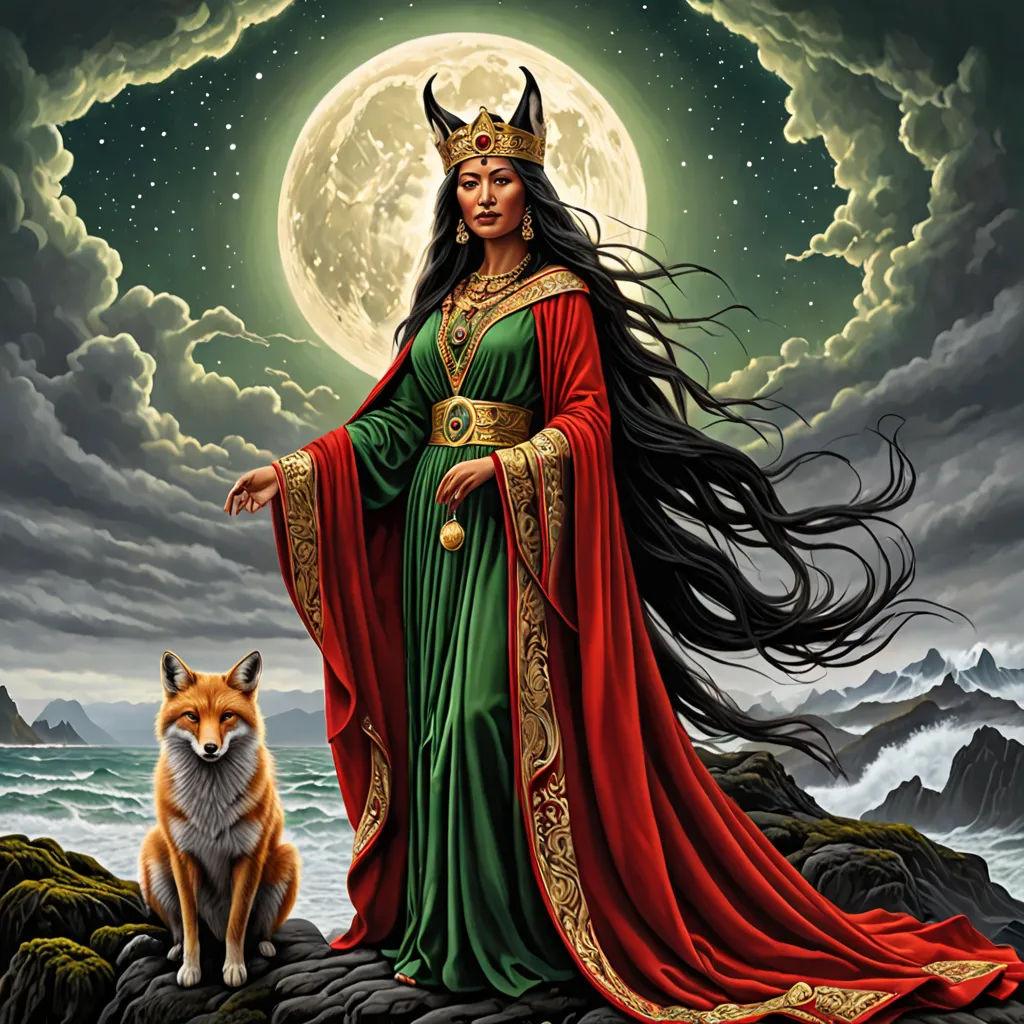 a painting of a woman with a wolf in front of a full moon sky and a full moon behind her, fantasy art, a detailed painting, Anne Stokes, fantasy artwork