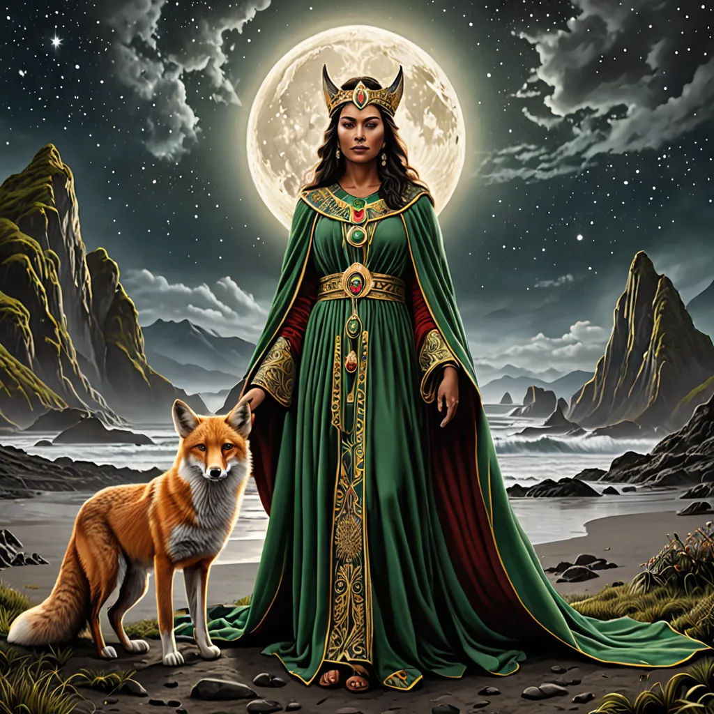 a painting of a woman in a green dress with a fox in front of her and a full moon in the background, fantasy art, a storybook illustration, Anne Stokes, fantasy artwork