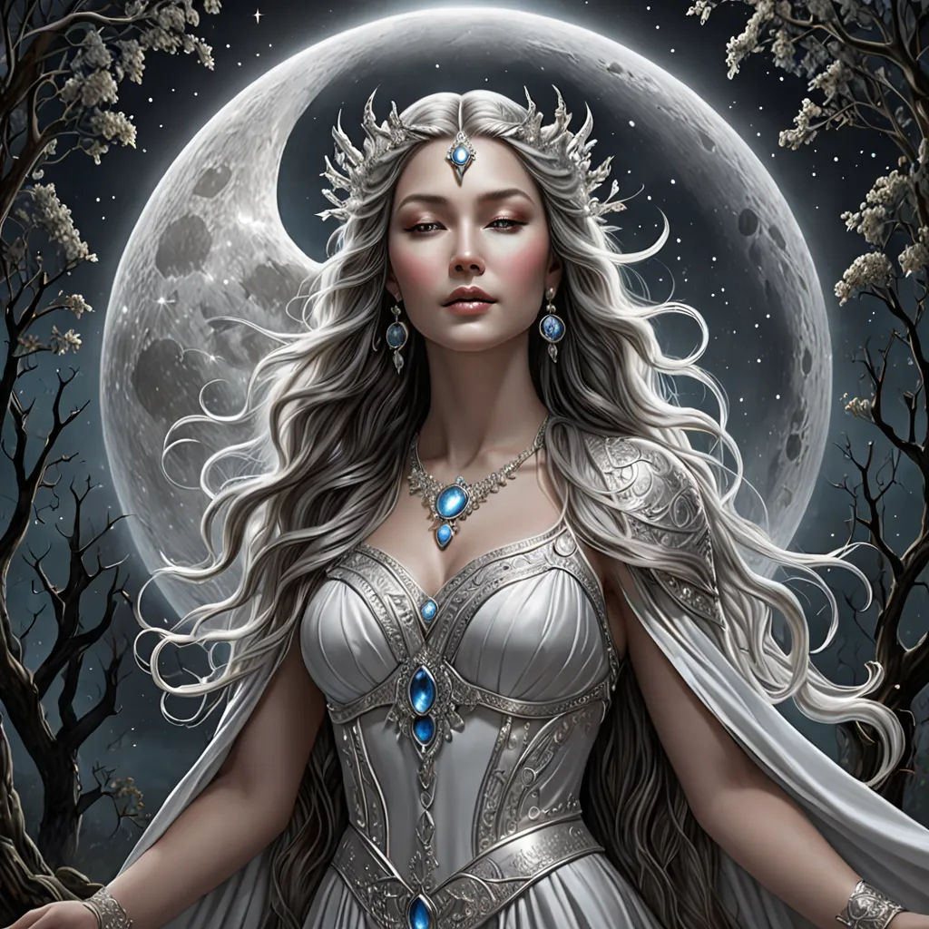 a woman in a white dress standing in front of a full moon with her hands on her hips and her eyes closed, fantasy art, a detailed painting, Anne Stokes, fantasy artwork