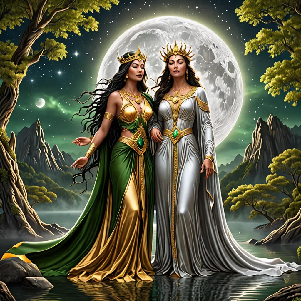 two women dressed in medieval clothing standing in front of a full moon and water scene with trees and rocks, fantasy art, a detailed painting, Anne Stokes, fantasy artwork