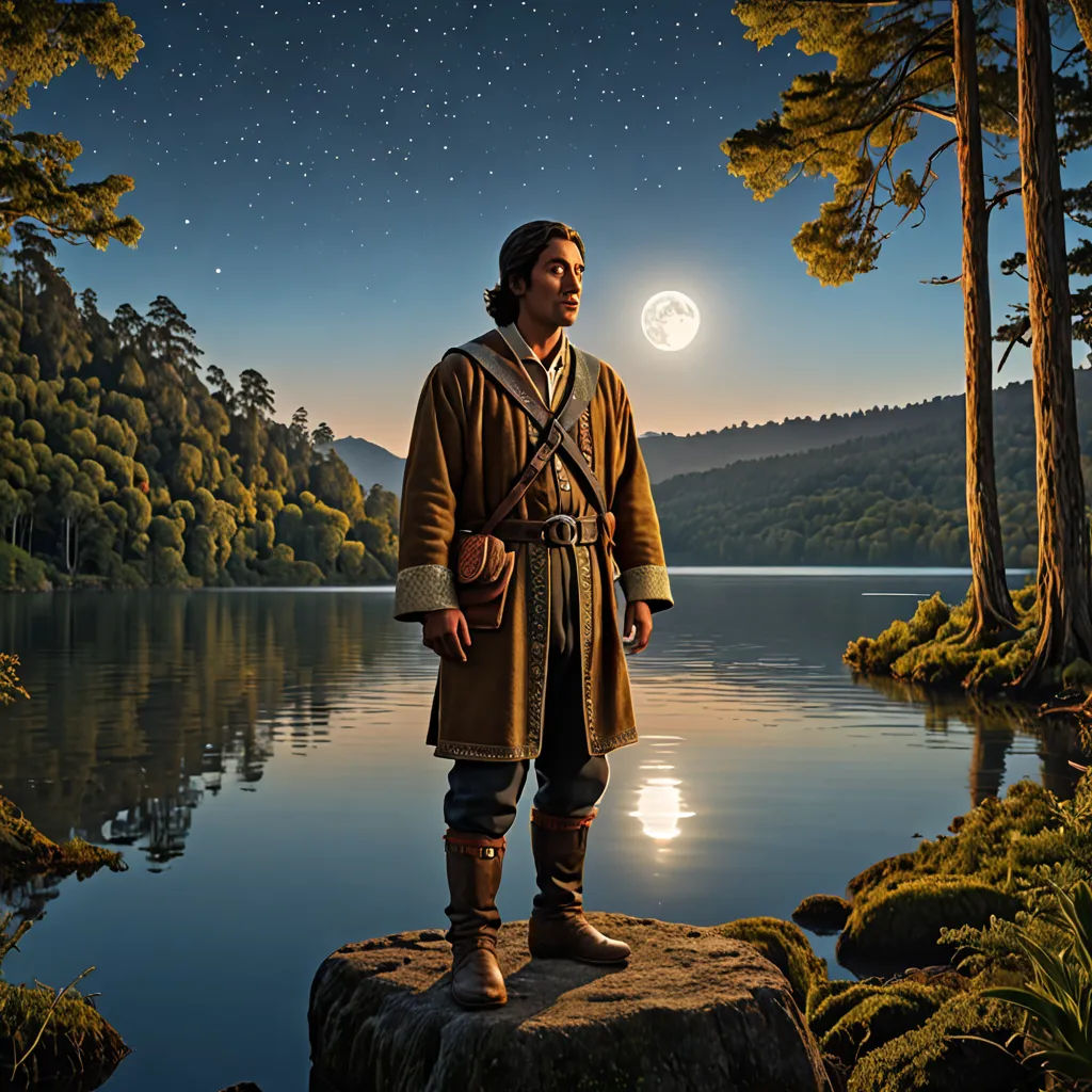 a man in a long coat standing on a rock by a lake at night with a full moon in the sky, fantasy art, a detailed matte painting, Colin Middleton, promotional image