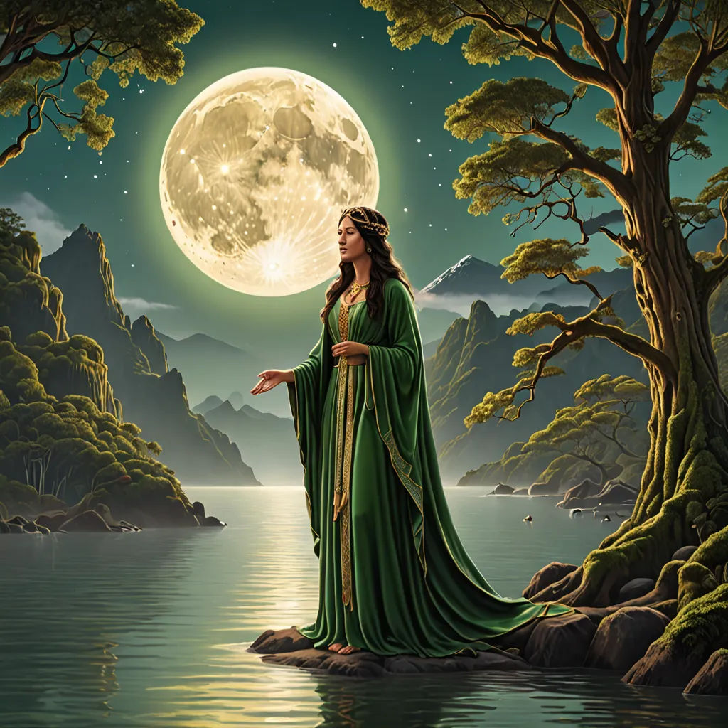 a woman in a green dress standing on a rock in the water with a full moon in the background, fantasy art, a detailed matte painting, Anne Stokes, highly detailed digital painting
